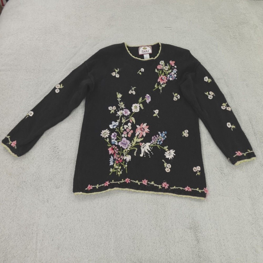 Tiara Sweater Black Floral Embroidered Moody‎ Cottagecore